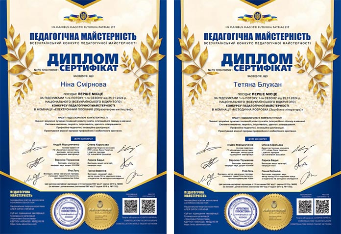 Диплом-сертифікат конкурсу Педагогічна майстерність